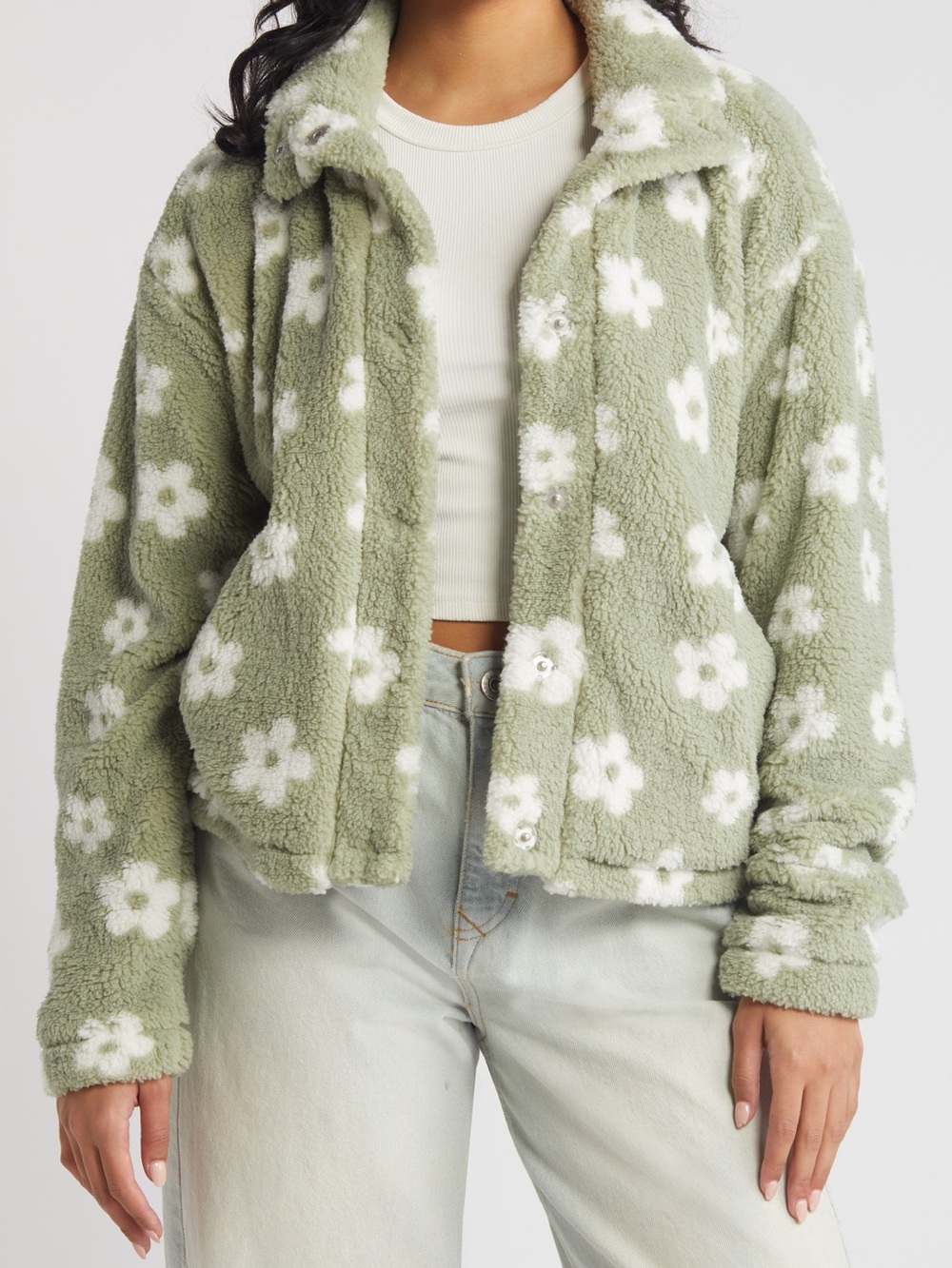 Thread & Supply Sage Green Floral Sherpa Jacket